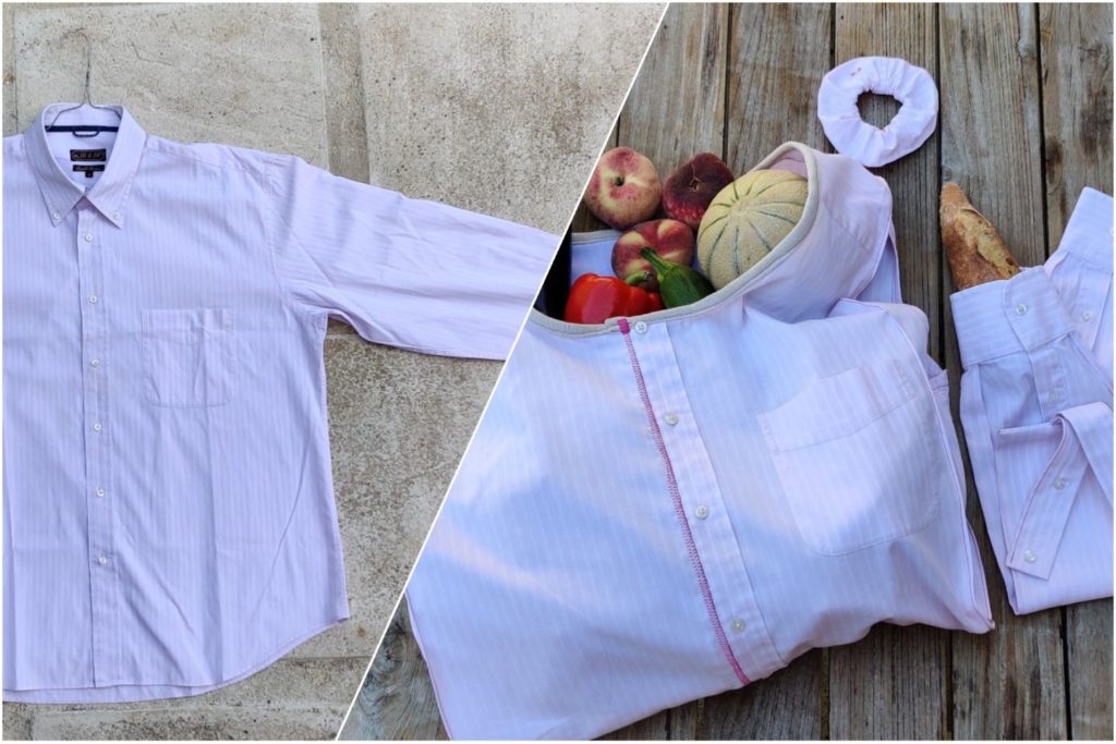 Exemple d'une chemise upcyclée par the loop project en tote bag, sac à pain et chouchou
